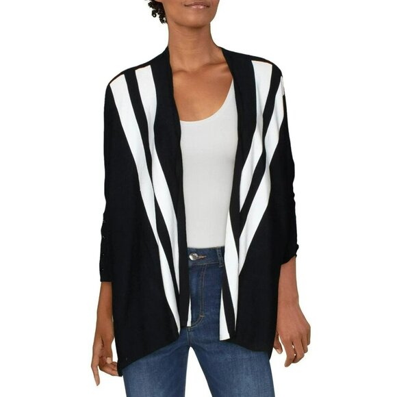 Alfani Womens Black Striped Open Front Dolman Sleeve Cardigan Sweater Sz PS NWT - Picture 1 of 16